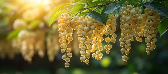 Golden berries hanging, sunlight, garden, bokeh