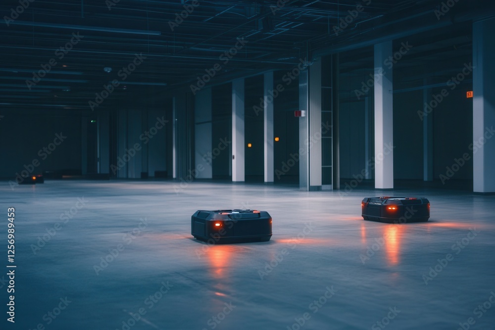 Poster autonomous robots efficiently navigating a vast warehouse space with precision . a car navigates thr