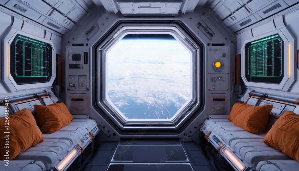 Poster a futuristic spacecraft interior showcases comfortable seating with a large window revealing a view 