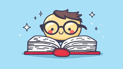 Cheerful cartoon character reading a book with sparkles in a light blue background