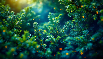 Fototapeta premium Enchanted evergreen branches with sparkling bokeh lights backdrop