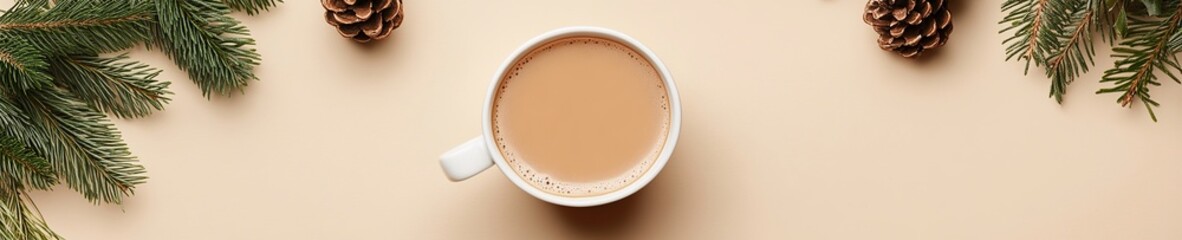 Warm Coffee Drink with Pine Branches and Cones for Cozy Winter Feelings