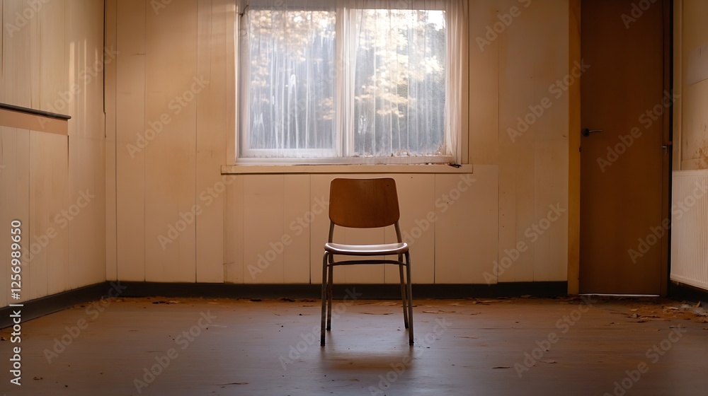 Poster empty room with a single chair bathed in soft light creating a peaceful atmosphere : generative ai