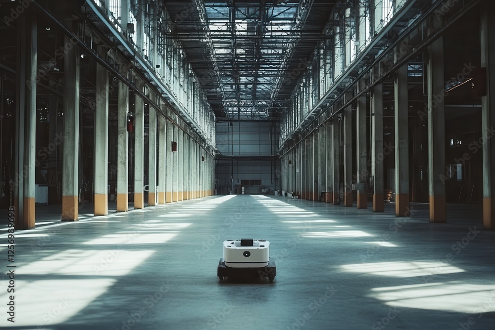 Poster autonomous robot navigating in a modern warehouse . a solitary robot is seated in the center of a va