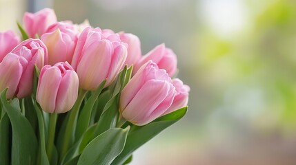 Vibrant bouquet of pink tulips beautifully arranged to showcase their delicate petals and fresh green leaves : Generative AI