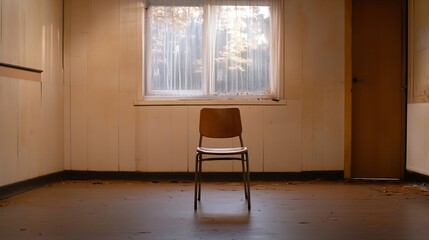 Empty room with a single chair bathed in soft light creating a peaceful atmosphere : Generative AI
