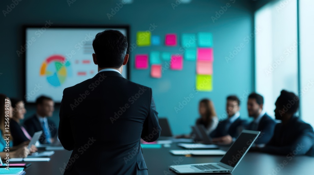 Poster Man in a suit standing confidently at a modern conference table in a professional setting