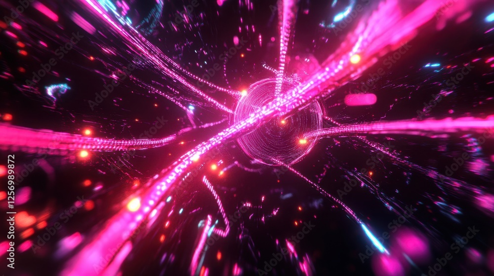Poster a futuristic digital network with bright, pulsating nodes and neon lines linking them, symbolizing b