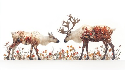 Two reindeer with autumn foliage patterns interacting in a serene, nature-inspired setting