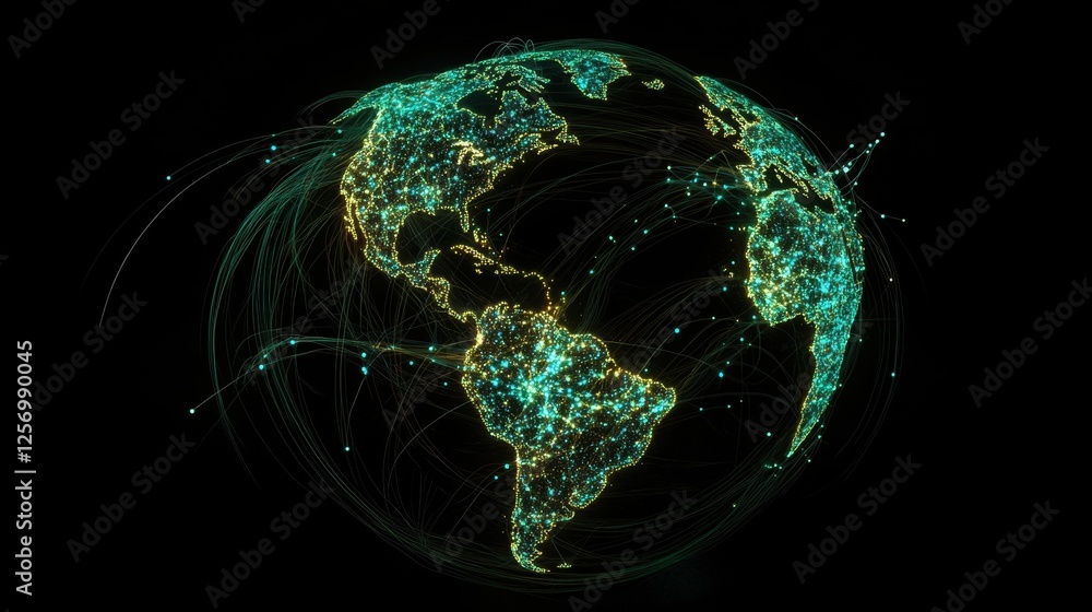 Poster a futuristic earth with bright, glowing lines and dots representing worldwide internet connections.