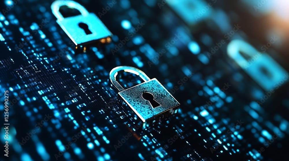 Poster High Quality Image of Digital Locks on Server with Data Streams Representing Cyber Security : Generative AI