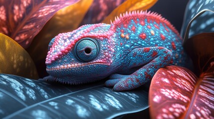 Colorful chameleon resting on vibrant leaves in a lush, tropical environment with soft lighting