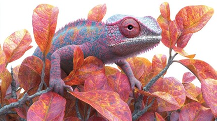 Colorful chameleon perched among vibrant autumn leaves in a serene natural setting