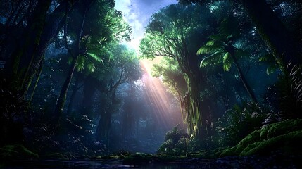 Pixelated Forest Sunlight Rays Through Trees