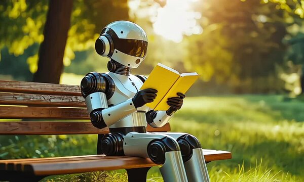 humanoid robot reading book in park