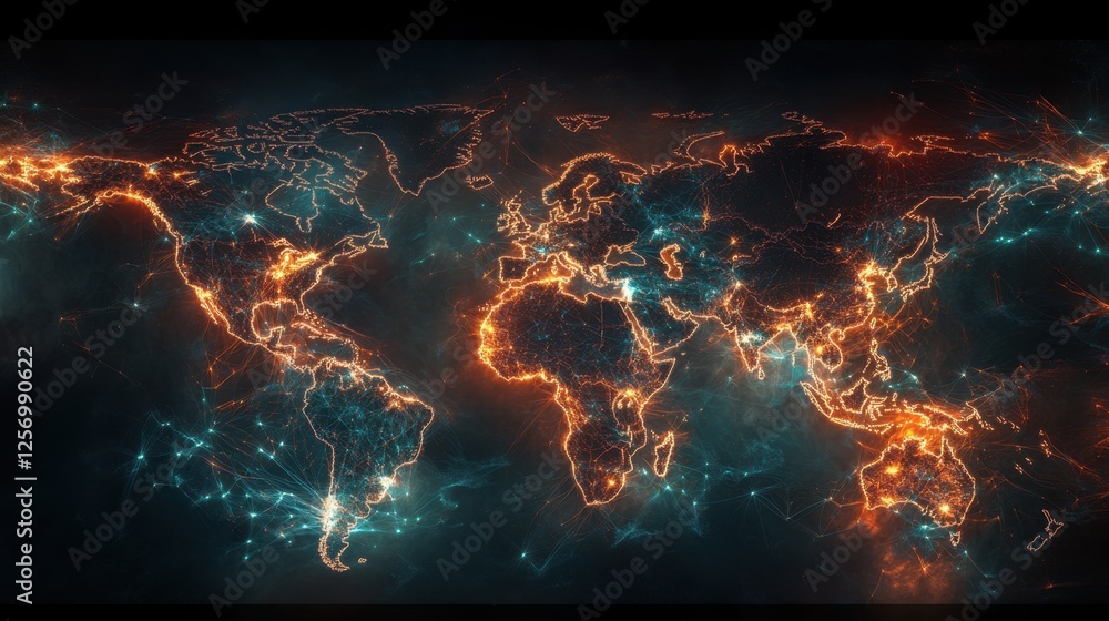 Poster a futuristic map of the world with interwoven glowing internet connections and data hubs.