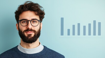 A smiling man in glasses stands against a blue background, with a bar graph indicating growth next to him.