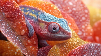 Colorful chameleon perched on vibrant, dew-covered leaves in a lush, tropical environment