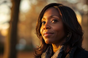 Obraz premium A portrait of an American African woman in her late thirties, with shoulder-length hair and wearing casual winter . She is standing outdoors at sunset