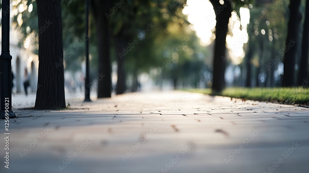Poster Quiet Cobblestone Path Surrounded by Trees Under Soft Morning Light : Generative AI