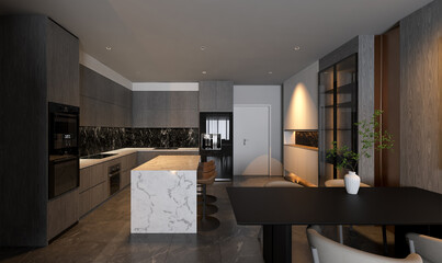 A modern kitchen featuring sleek cabinetry, a marble island, and stylish decor, blending functionality with contemporary design elements. 3d rendering room interior.