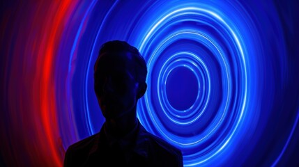 Man walks through a futuristic digital corridor filled with holographic screens displaying AI-driven analytics and cybersecurity data, represents the future of global information technology.