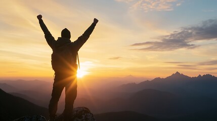 Fototapeta premium Thrilled Hiker Celebrating Success at Sunrise Over Majestic Mountain View : Generative AI