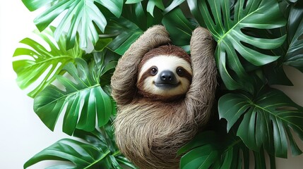 Sloth relaxing among vibrant green leaves, showcasing its unique features in a tranquil setting