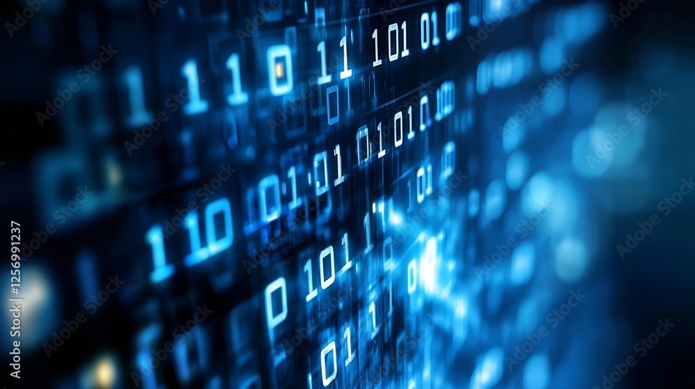 Poster Futuristic digital binary code background representing technology and data in a vibrant glow : Generative AI