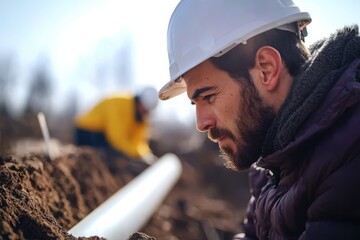 A worker inspects an underground electrical conduit at a road construction project. They, Generative AI
