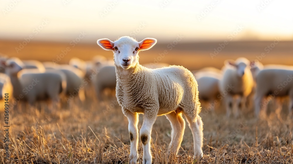 Poster adorable young sheep standing in a field with a serene background during golden hour : generative ai