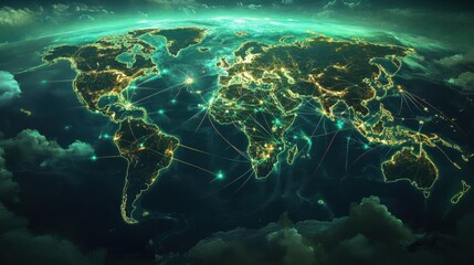 Fototapeta premium A futuristic world map glowing with submarine cable paths, connecting the planet through digital infrastructure.