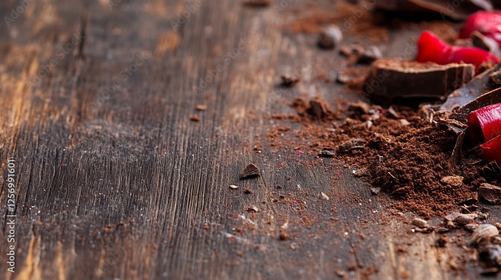 Aufkleber delicious chocolate and cocoa powder scattered on rustic wooden surface : generative ai