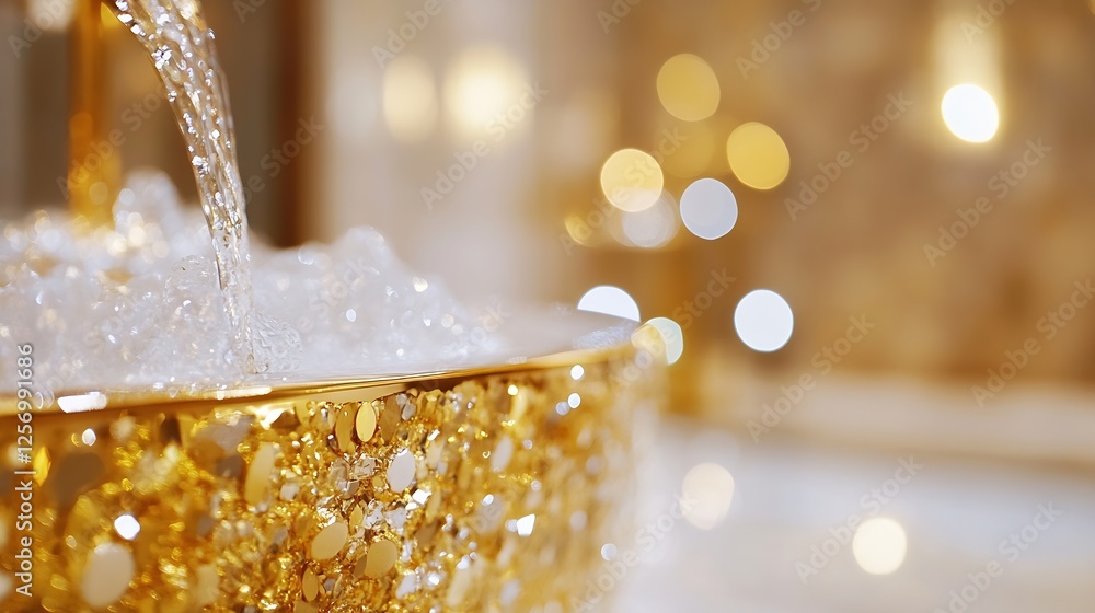 Poster golden sparkling water flowing into luxurious bowl creating a serene atmosphere : generative ai
