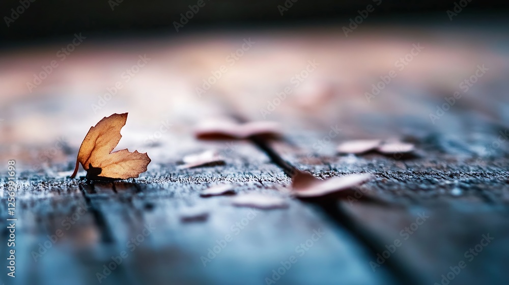 Aufkleber Close up view of a delicate dried leaf resting on wooden surface symbolizing change : Generative AI