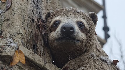 Close-up of a sloth resting on a tree trunk in a misty environment, showcasing its serene expression