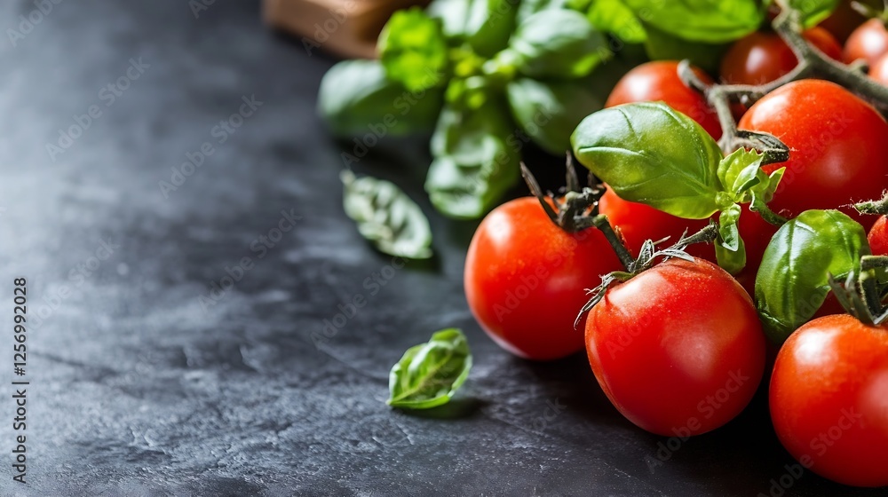 Aufkleber Fresh Ripe Red Tomatoes with Aromatic Basil on Dark Rustic Surface for Culinary Use : Generative AI