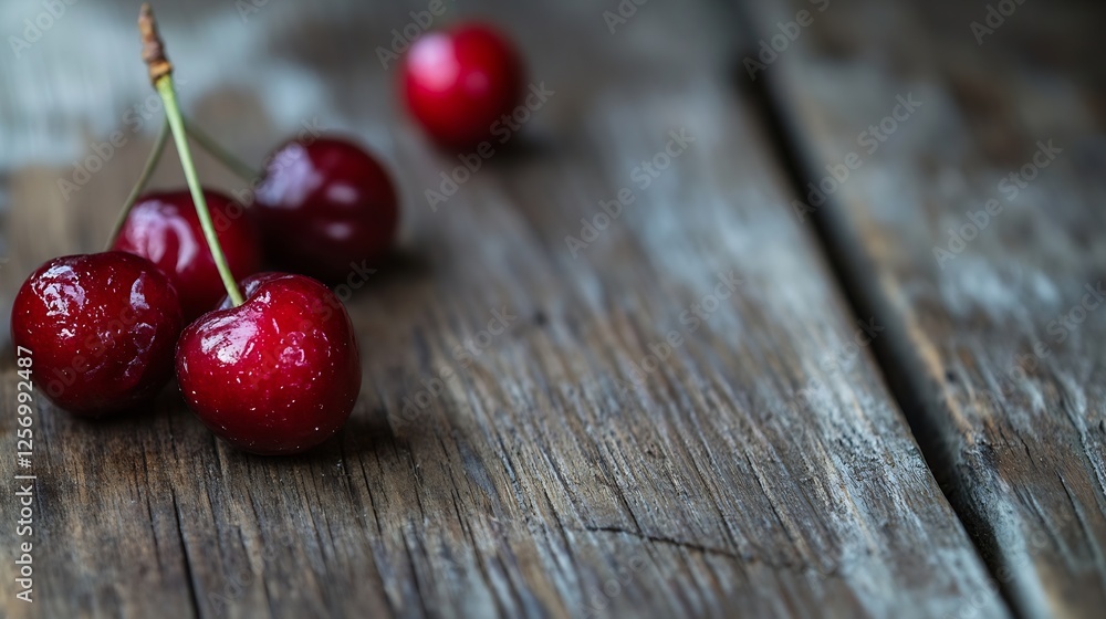 Poster fresh and shiny cherries on a rustic table showcasing vibrant colors that enhance the natural beauty