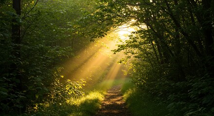 Fototapeta premium Magical Sunbeams in Forest Path - Nature Photography