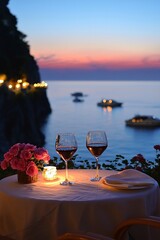 A romantic dinner on the coast, with only pink roses and two red wine in glasses on an empty table covered with white cloth overlooking the water at dusk, a starry sky, boats passing by