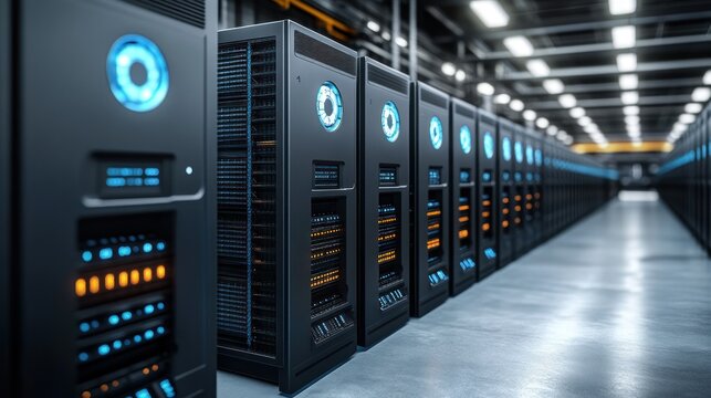 Data center servers processing information in a large facility