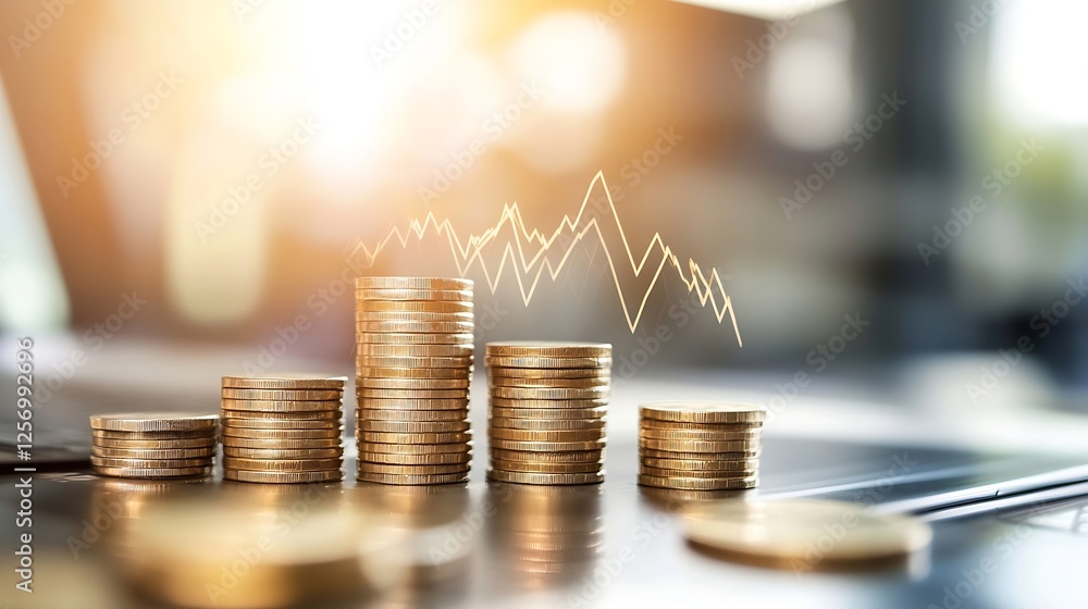 Poster stack of golden coins representing financial growth with a dynamic graph background in soft focus : 
