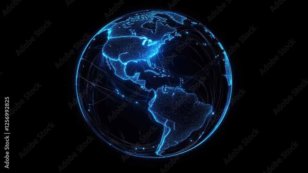 Poster a glowing 3d globe with bright blue and white lines representing data flow, digital connections ligh