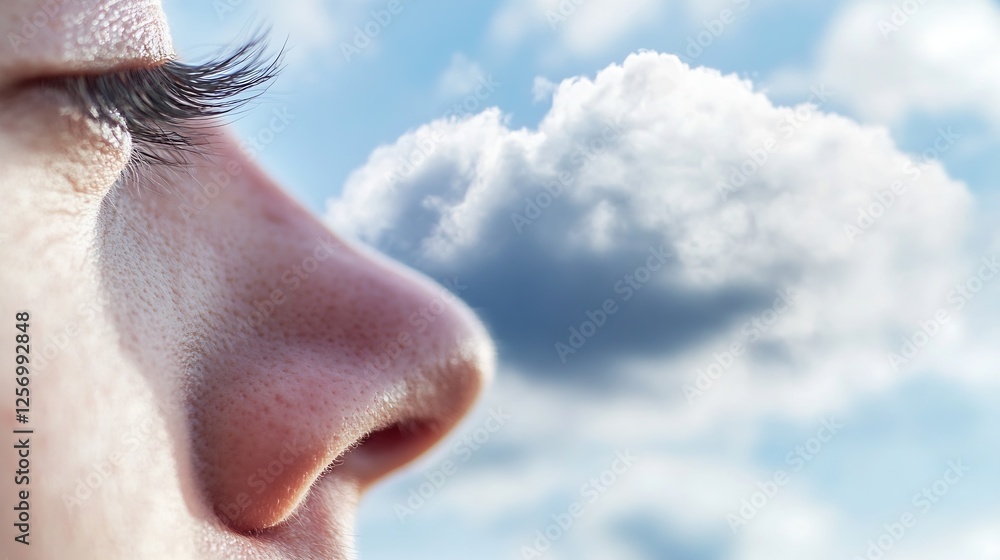 Aufkleber A closeup profile view of a person looking toward the sky with puffy clouds creating a dreamy atmosphere : Generative AI