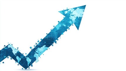 An upward-pointing arrow made of blue, textured materials, symbolizing growth, progress or positive trends against a white background.