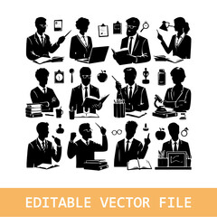 Dark silhouette of a teacher reading to young students on a white background during a classroom activity