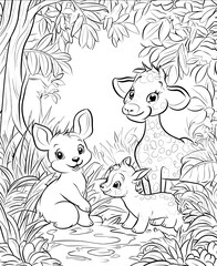 Jungle animals in their habitat childrens coloring clear thick outlines tropical forest background carefully drawn all images are clear complete no color shad