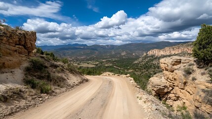 Obraz premium Scenic mountain road winding through stunning canyon landscape under dramatic clouds : Generative AI