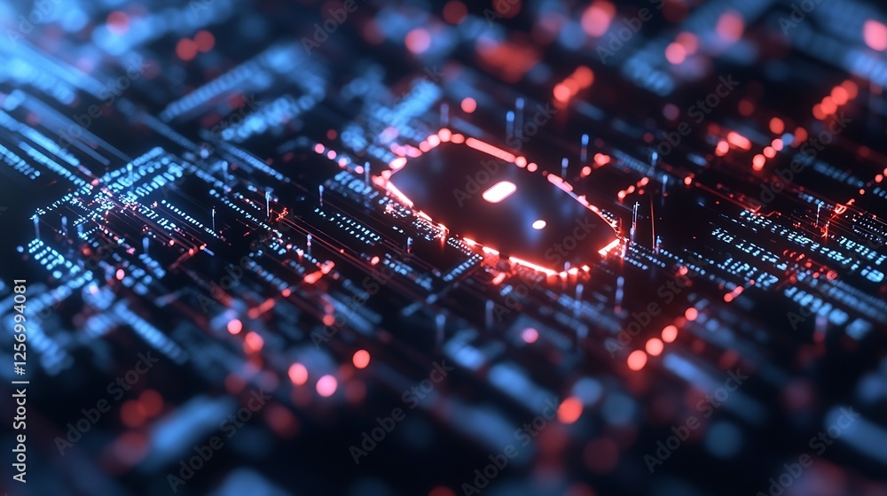 Poster futuristic glowing circuit board with vibrant blue and red lights representing advanced technology :