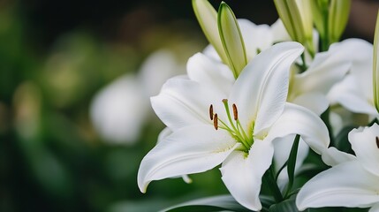 Obraz premium Close Up of Fresh White Lilies Blooming with Lush Green Background in Soft Natural Light : Generative AI